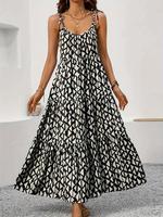 Women's All Over Geometric Print Cami Dress, Casual Sleeveless Spaghetti Strap Tiered Layer Dress for Summer, Capri Sun Dress...