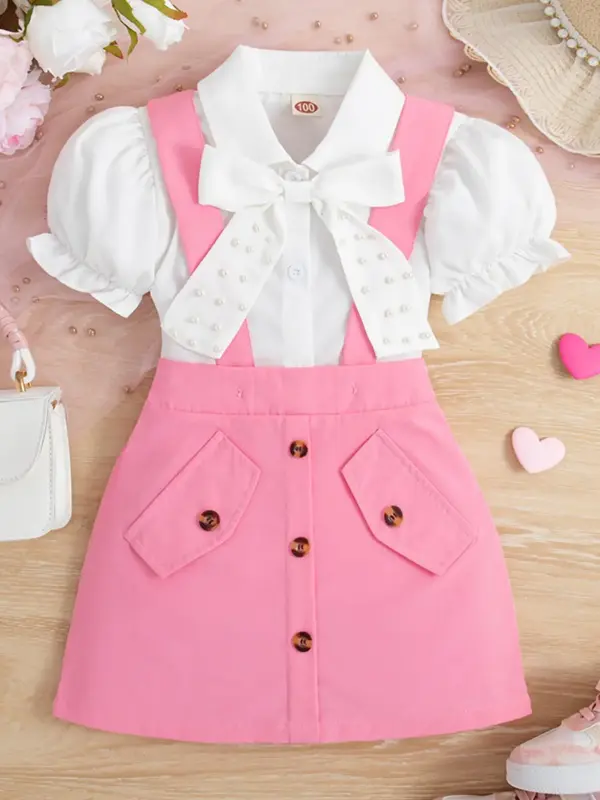 Two-Piece Set Girl's Faux Pearl Bow Decor Button Front Top & Suspender Skirt Set, Casual Short Sleeve Top & Skirt for Summer,...