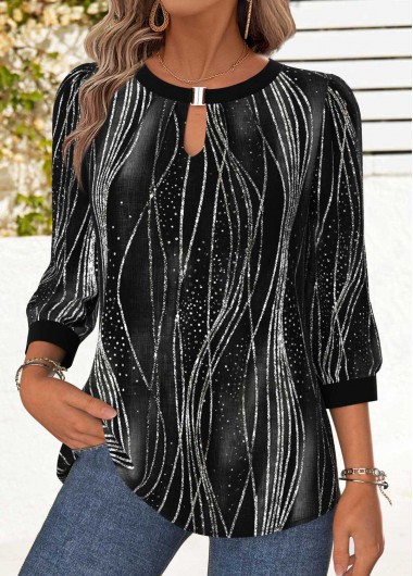 Modlily Black Tummy Coverage Ombre 3/4 Sleeve Round Neck Blouse - L