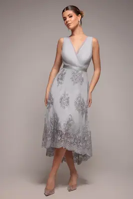 Goddiva Pleated Satin Bodice High And Low Dress - Gray