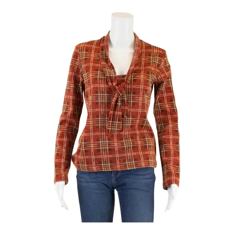 Tie Collar Top Maroon Check Long Sleeve Womens S