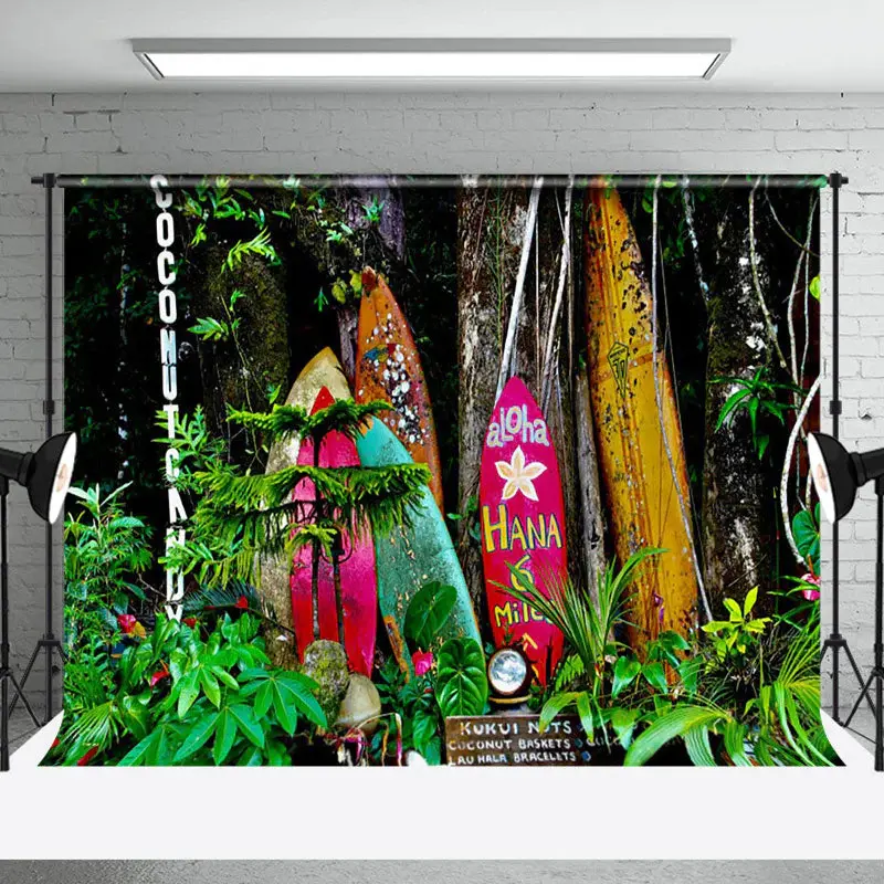 Coconut Tree Green Grass Surfboard Summer Backdrop - Aperturee