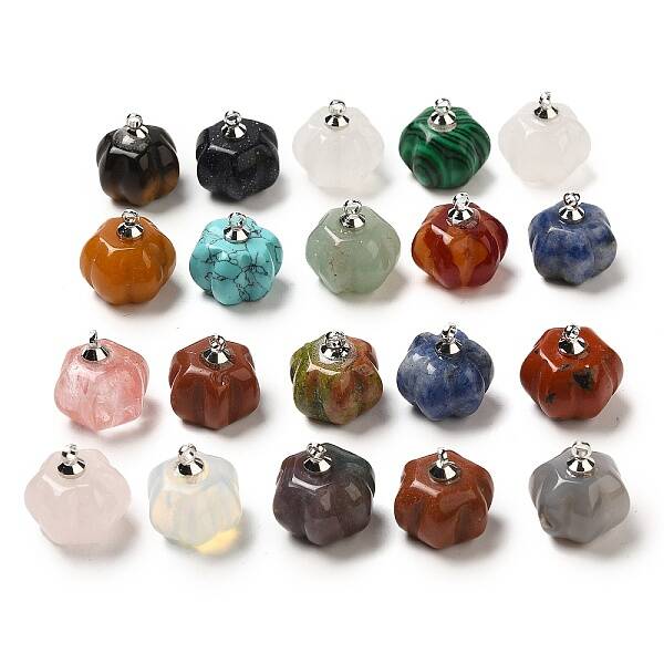Natural & Synthetic Mixed Gemstone Pumpkin Charms with Platinum Tone Brass Bails