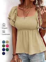 Women's Plain Shirred Blouse, Casual Layered Sleeve Top for Summer, Women's Clothing for Daily Wear, Shortsleeve Womenswear