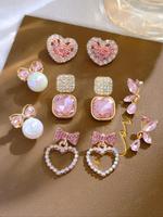 Women's Elegant Rhinestone & Faux Pearl Decor Earrings Set, Cute Heart & Bow Design Earrings, Fashion Jewelry for Party, Dail...