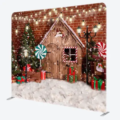 Aperturee Snowy Wooden House Bricks Christmas Tree Backdrop - Aperturee