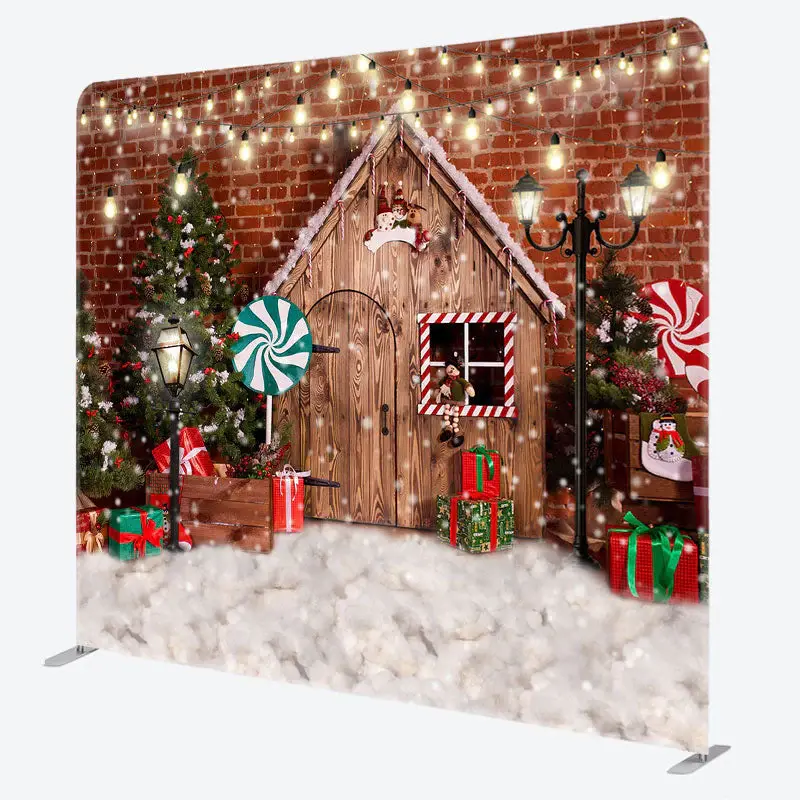 Aperturee Snowy Wooden House Bricks Christmas Tree Backdrop - Aperturee