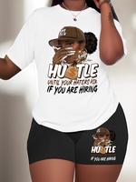 【Plus Size】 Cartoon Print Short Sleeve Tee & Skinny Shorts Set, Casual Round Neck T-shirt & Short Leggings, Women's Summe...