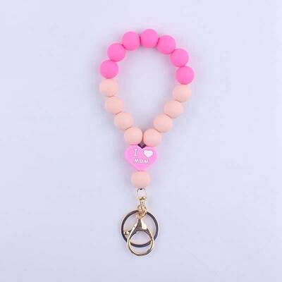 Mother's Day Heart Word I Love Mom Silicone Beaded Wristlet Keychain