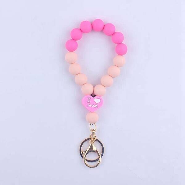 Mother's Day Heart Word I Love Mom Silicone Beaded Wristlet Keychain