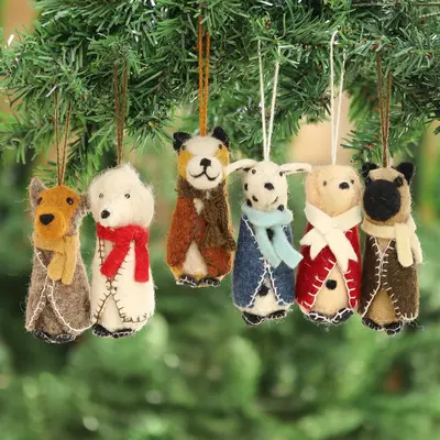 NOVICA Festive Pups Embroidered Wool Dog Ornaments from India (Set of 6)