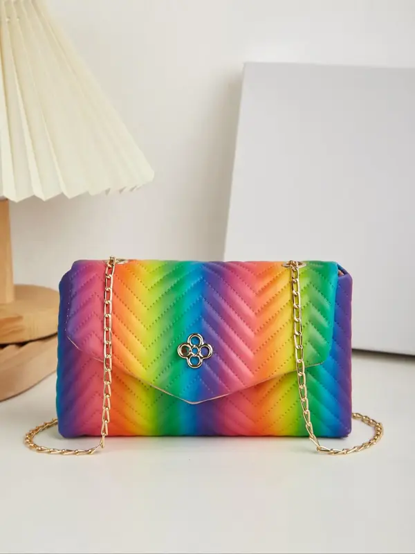 Women's Elegant Colorful Pu Leather Quilted Crossbody Bag, LGBT Rainbow Pattern Chain Strap Shoulder Bag, Casual Versatile Sq...