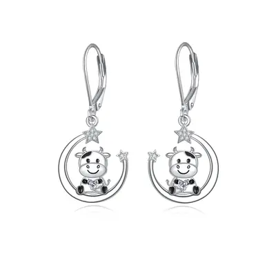 Sterling Silver Zircon Cow Heart Moon Star Drop Earrings