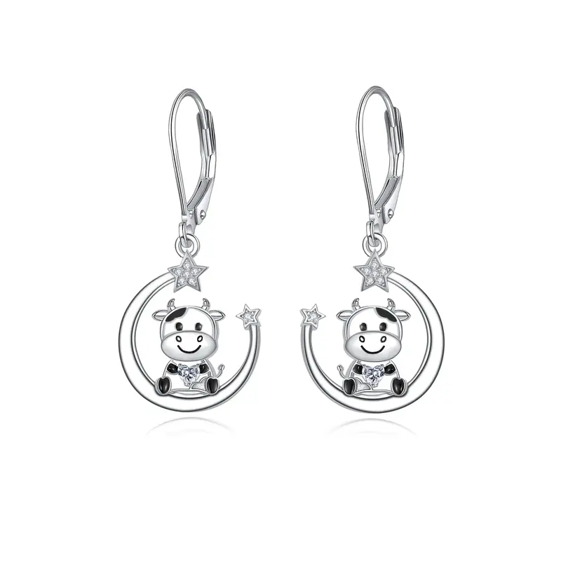 Sterling Silver Zircon Cow Heart Moon Star Drop Earrings