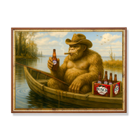 Vintage Sasquatch light one up and drink beer poster, Funny Bigfoot fishing art print, cabin bar wall art decor, Unique Gift ...