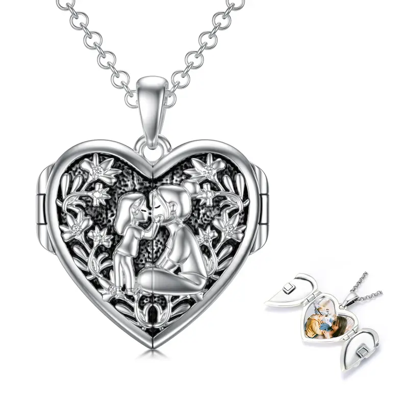 Sterling Silver Mother & Daughter Heart Personalized Photo Locket Necklace