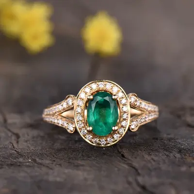 Split Shank Natural Emerald And Diamond Halo Engagement Ring