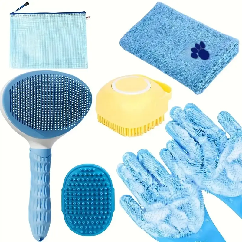 Dog Bath Brush Set, 6 Counts/set Dog Bath Brush & Towel & Gloves & Storage Bag, Pet Paw Grooming Tool Set, Pet Bathing Tool...