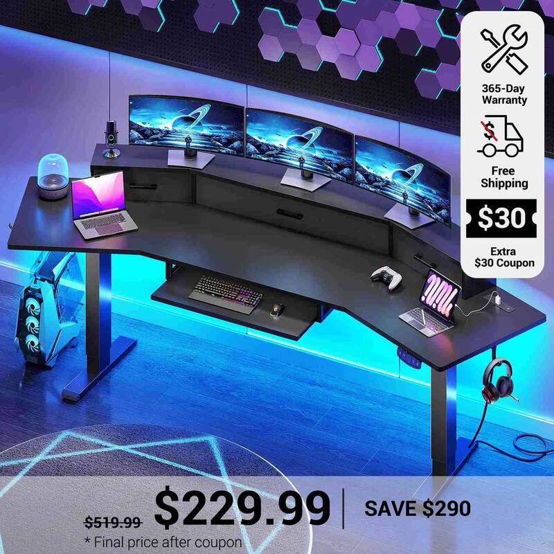 SEDETA | 78 Inch Electric Stand up Gaming Table Height Adjustable Computer Desk with Led Lights Power Outlet Drawers Keyboard...
