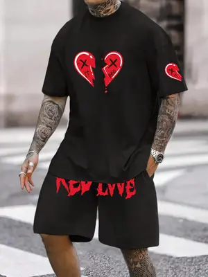 Two-piece Set Men's Heart Print Drop Shoulder Tee & & Letter Print Drawstring Waist Shorts Set, Casual Street Short Sleeve T-...