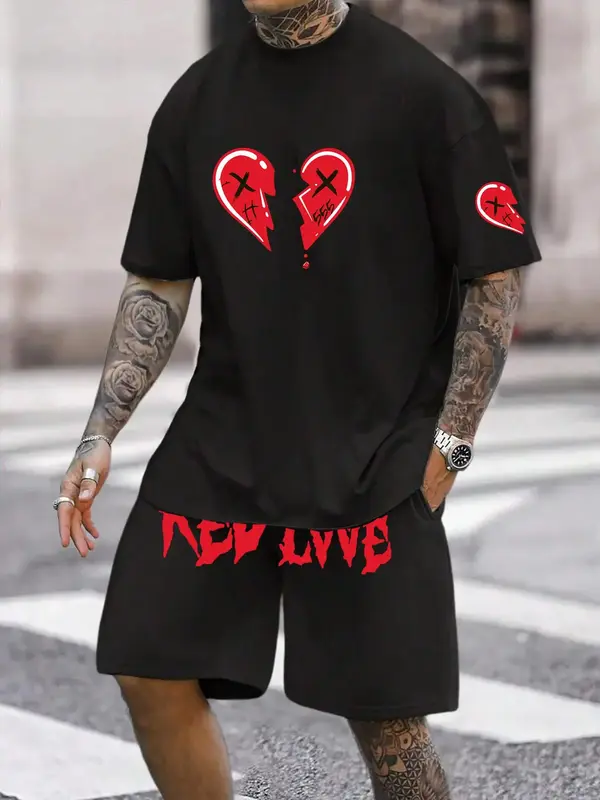 Two-piece Set Men's Heart Print Drop Shoulder Tee & & Letter Print Drawstring Waist Shorts Set, Casual Street Short Sleeve T-...