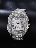 Men's Luxury Rhinestone Decorated Square Dial Analog Quartz Precision Watch, Fashion Classic Metal Elegance Accessories for G...