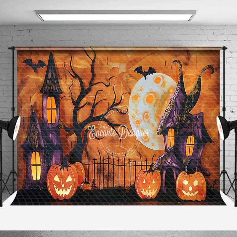 Aperturee Abstract Orange Pumpkins Castle Halloween Backdrop - Aperturee