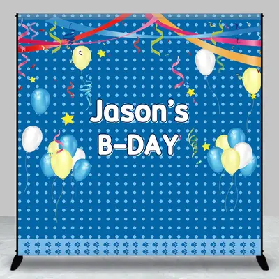 Blue Dots Balloons Custom Name Birthday Backdrop