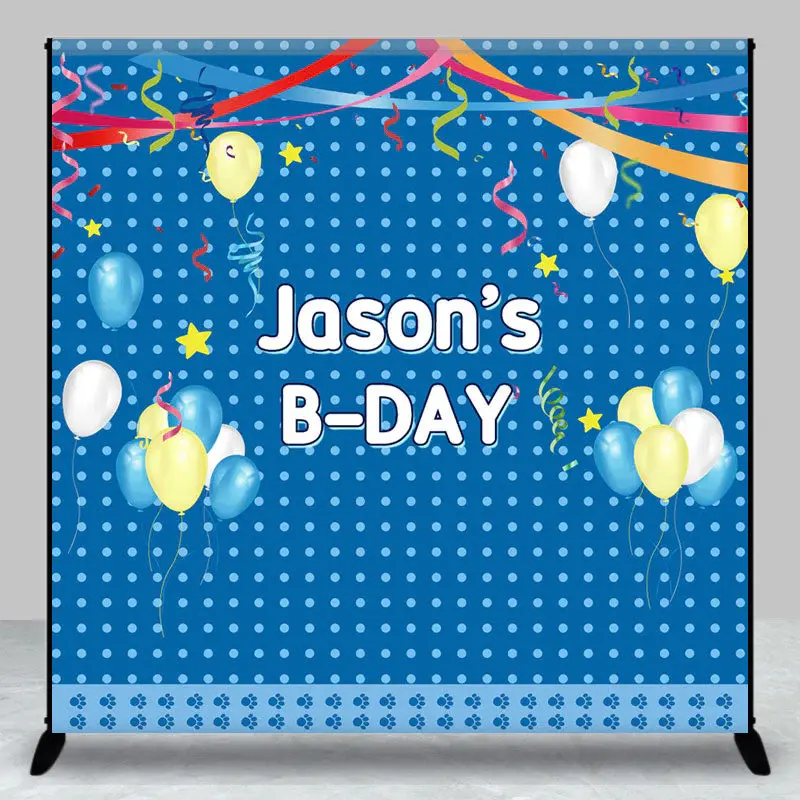 Blue Dots Balloons Custom Name Birthday Backdrop