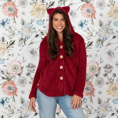 Soft Fluffy Cat Ears Button Up Hoodie - Pink - XL