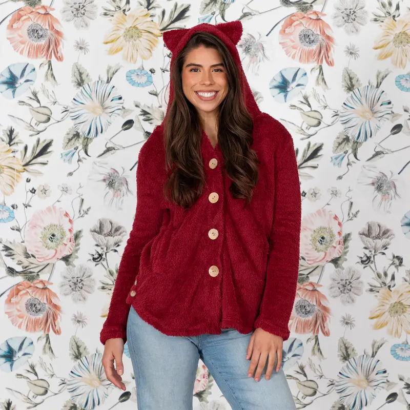 Soft Fluffy Cat Ears Button Up Hoodie - Pink - XL