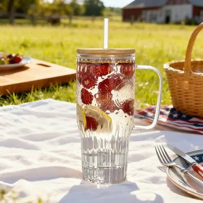 32oz Handmade Glass Cup with Bamboo Lids and Straws,Reusable Glass Bubble Tea Water Cup,Fits In Cupholder,BPA Free