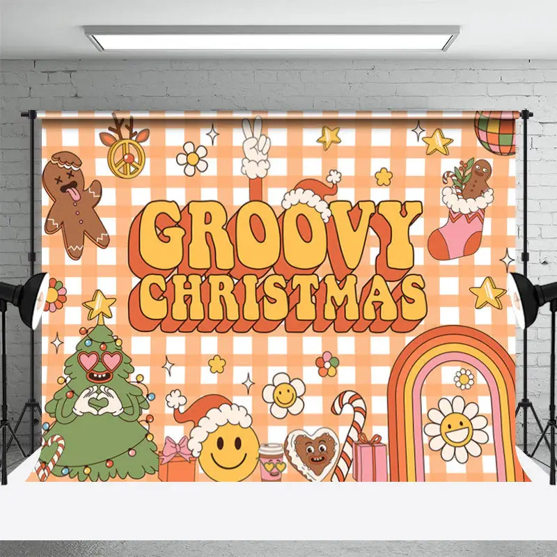 Groovy Yellow Cute Cartoon Merry Christmas Backdrop - Aperturee