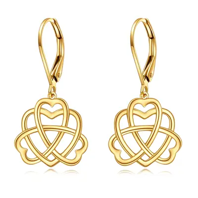 14k Solid Gold Celtic Heart Drop Leverback Earrings Jewelry Gifts