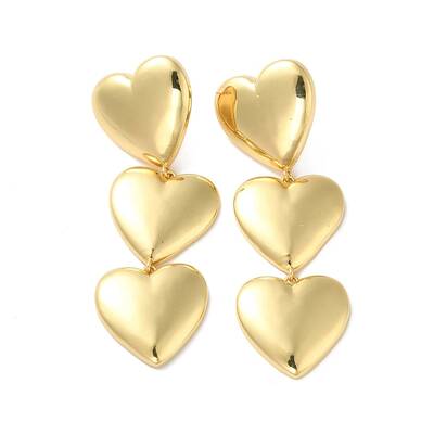 Long-Lasting Plated Brass Triple Heart Long Dangle Stud Earrings for Women