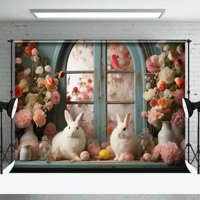 Pink Floral Vase Window Rabbits Easter Backdrop - Aperturee