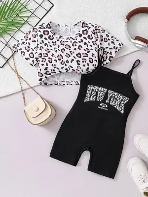 Girl's Leopard Print Crop Top & Cami Romper Two-Piece Set, Casual Top & Romper for Daily Wear, Kids Summer Clothes