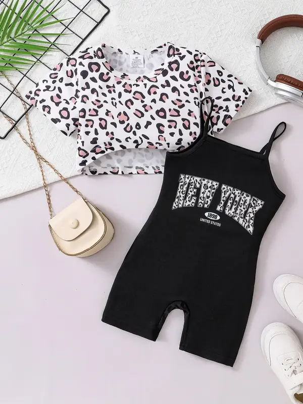 Girl's Leopard Print Crop Top & Cami Romper Two-Piece Set, Casual Top & Romper for Daily Wear, Kids Summer Clothes