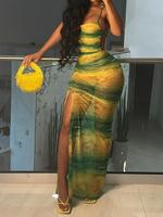 Women's All Over Print Criss Cross Backless Split Thigh Mesh Cami Dress, Elegant Ruched Sleeveless Spaghetti Strap Maxi Dress...