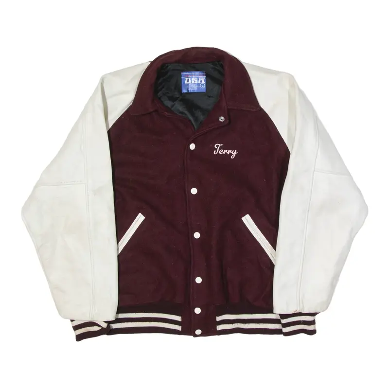 NWANDO USA Jerry Village Station Varsity Jacket Maroon Wool Mens L