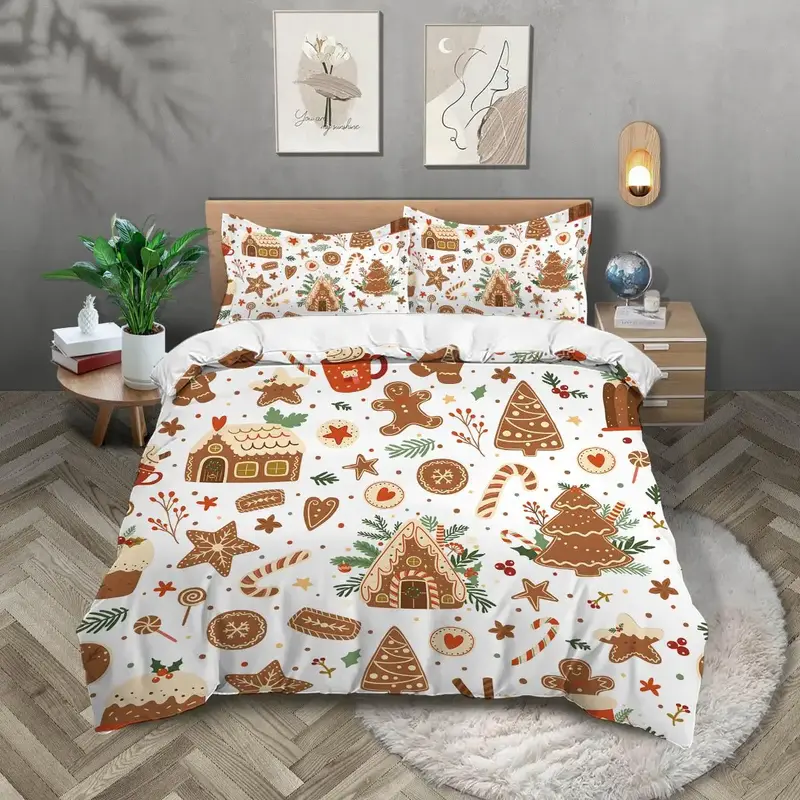 Christmas Themed Duvet Cover Set, 3 Counts/set Including 1 Duvet Cover & 2 Pillowcases, Soft Comfortable Bedding Set for Home...