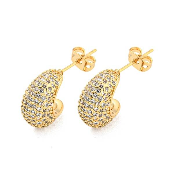 Teardrop Brass Pave Clear Cubic Zirconia Stud Earrings
