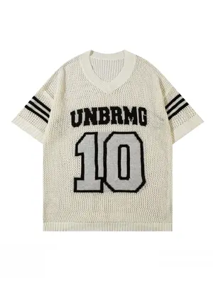 Men's Letter Print V Neck Knit Top, Casual Loose Hollow Out Drop Shoulder Short Sleeve Knitwear for Summer, Fashion Men's Kn...