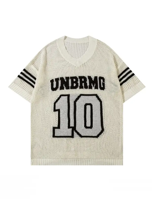 Men's Letter Print V Neck Knit Top, Casual Loose Hollow Out Drop Shoulder Short Sleeve Knitwear for Summer, Fashion Men's Kn...