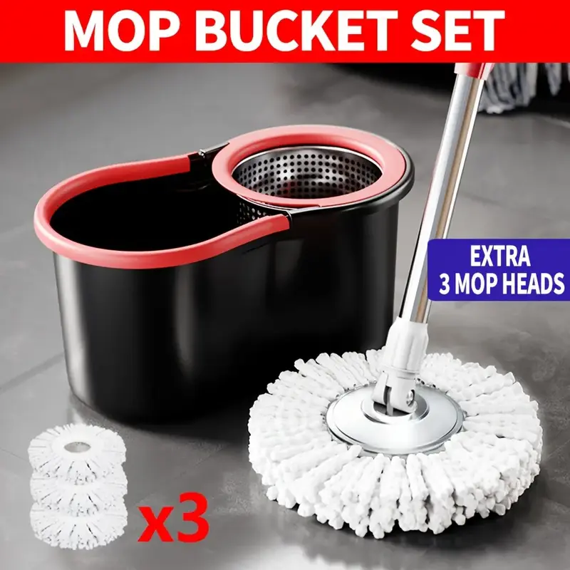 Mop And Bucket Set with 360° Rotatable Mop, Includes 3 Microfiber Replacement Heads And 47-Inch Stainless Steel Adjustable H...