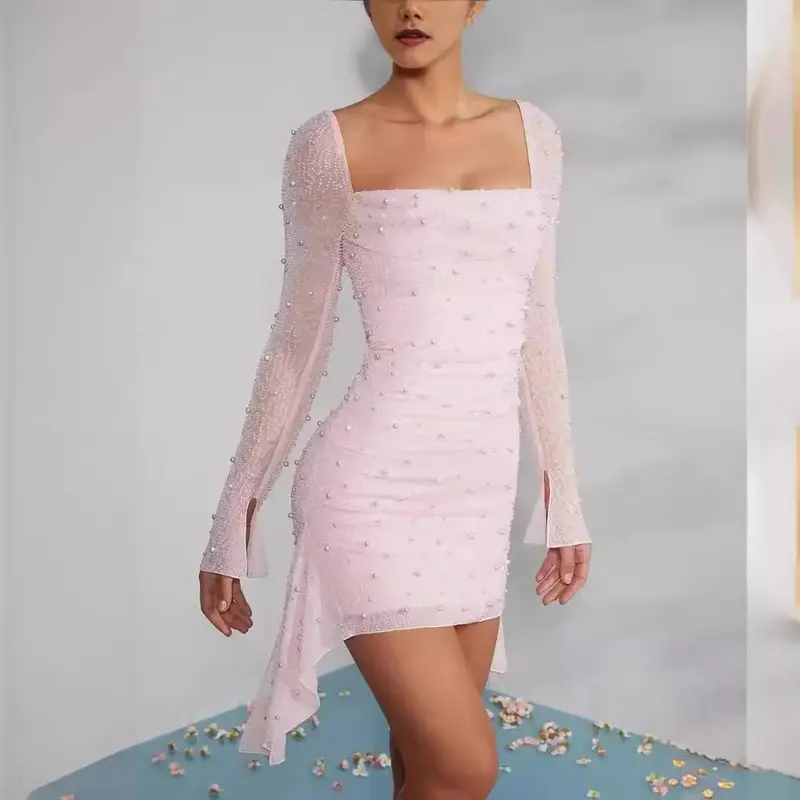 Spring and Summer Long Beaded Long Sleeve Elegant Dress Formal Womenswear