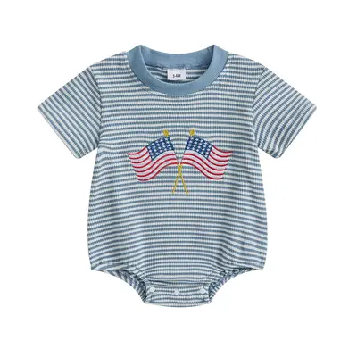 Infant Baby Boys 4th of July Jumpsuit Casual Flag Embroidery Striped Print Short Sleeve Romper for Newborn Cute Clothes