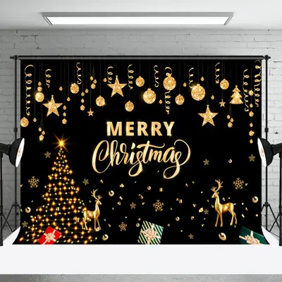 Aperturee Black Gold Tree Elk Bells Merry Christmas Backdrop, 3X2FT(1MX0.6M), 14 USD, YZHD9O45-M, christmas backdrops