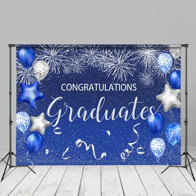 Silver Blue Balloons Glitter Congrats Grad Backdrop - Aperturee