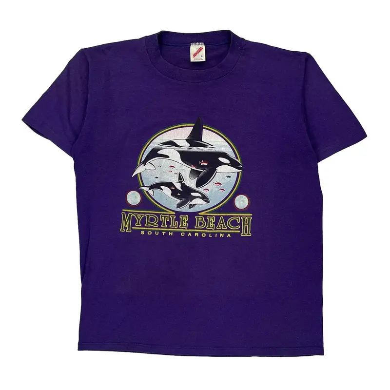 Single Stitch Myrtle Beach Jerzees Graphic T-Shirt - Large Purple Cotton Blend